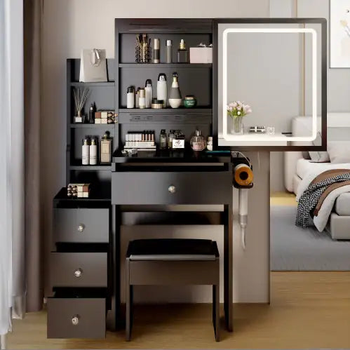 Small Space Left Bedside Cabinet Vanity Table Cushioned Stool, Power Station, Hair Dryer Bracket WEM Support (www.WEM.support)