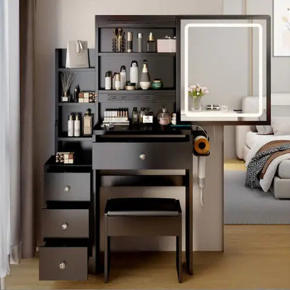 Small Space Left Bedside Cabinet Vanity Table Cushioned Stool, Power Station, Hair Dryer Bracket WEM Support (www.WEM.support)