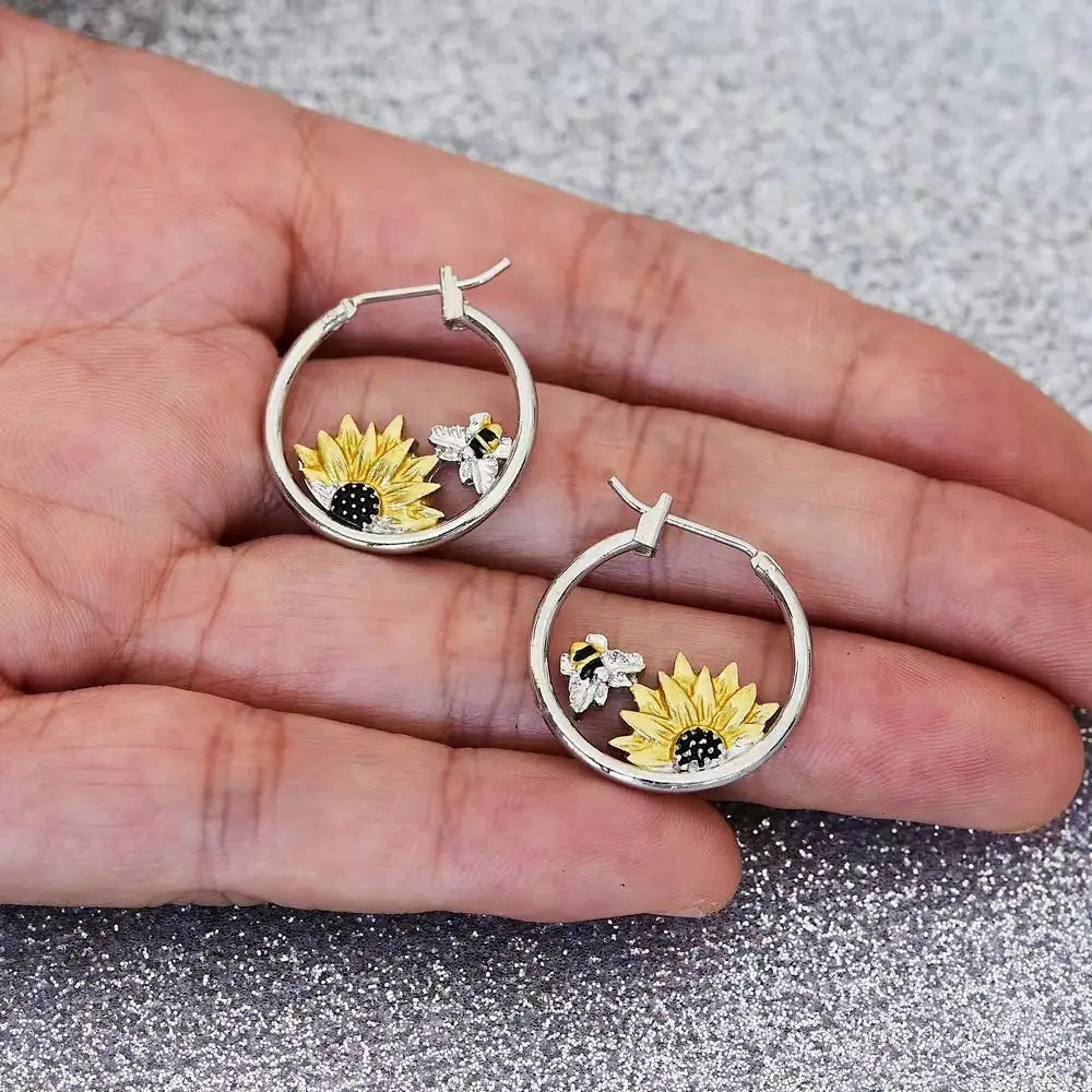 Sunflower Bee Round Ring Earrings Color Meiko WEM Support (www.WEM.support)