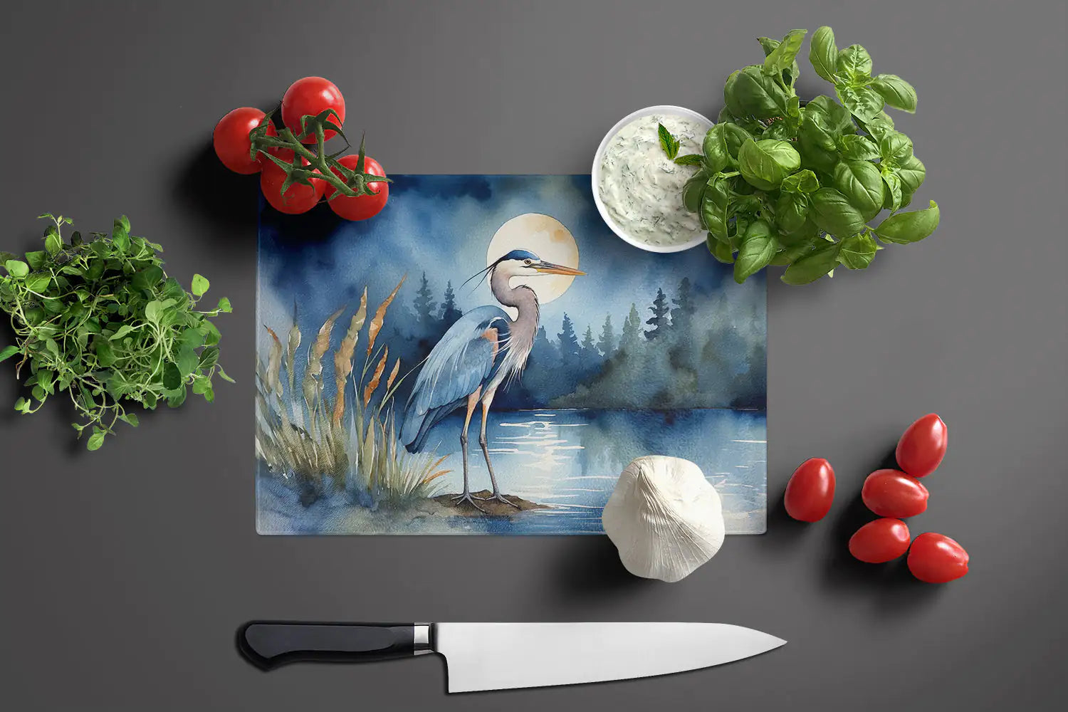 Blue Heron Under the Moonlight Glass Cutting Board WEM Support (www.WEM.support)