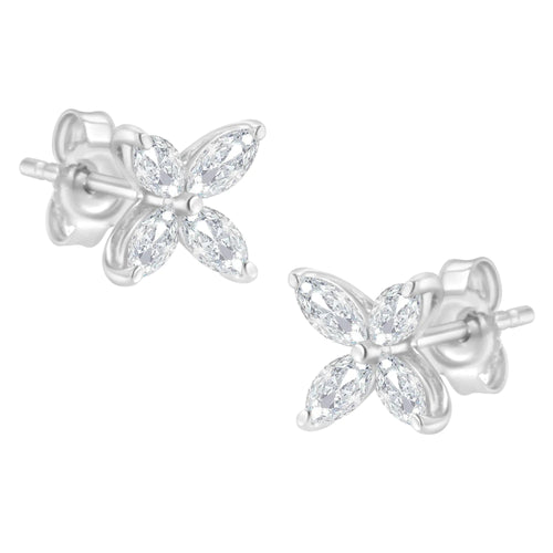 14K White Gold 3/4 Cttw Marquise Diamond 8 Stone Floral Leaf Stud Earrings (H-I Color, SI1-SI2 Clarity) WEM Support (www.WEM.support)