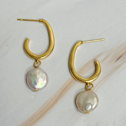 Dangle Pearl Gold Hoop Earrings WEM Support (www.WEM.support)