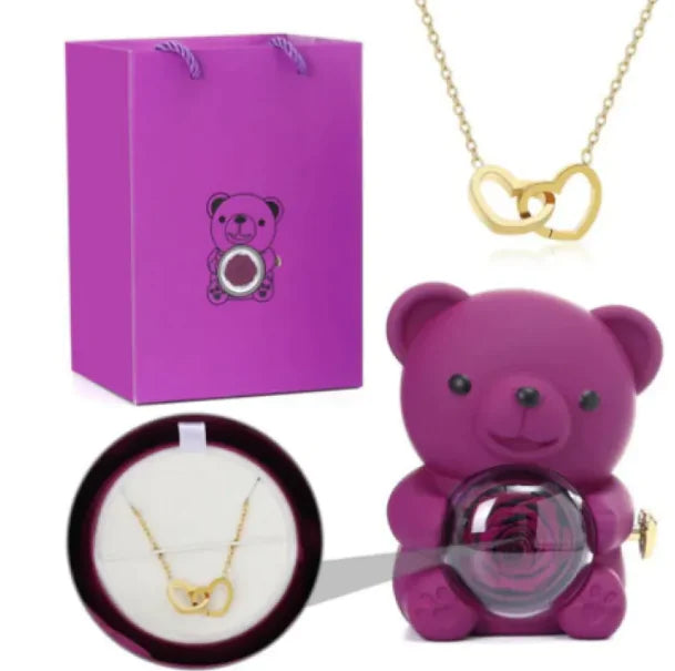 Eternal Rose Teddy Bear Jewelry Box & Necklace WEM Support (www.WEM.support)