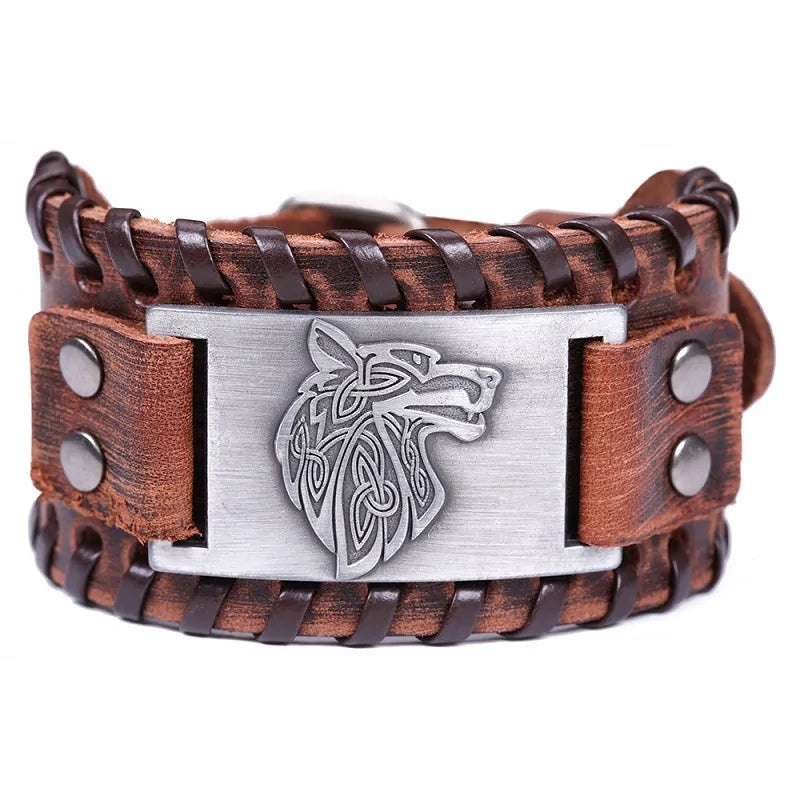 Vintage Wide Leather Woven Wolf Head Bracelet WEM Support (www.WEM.support)