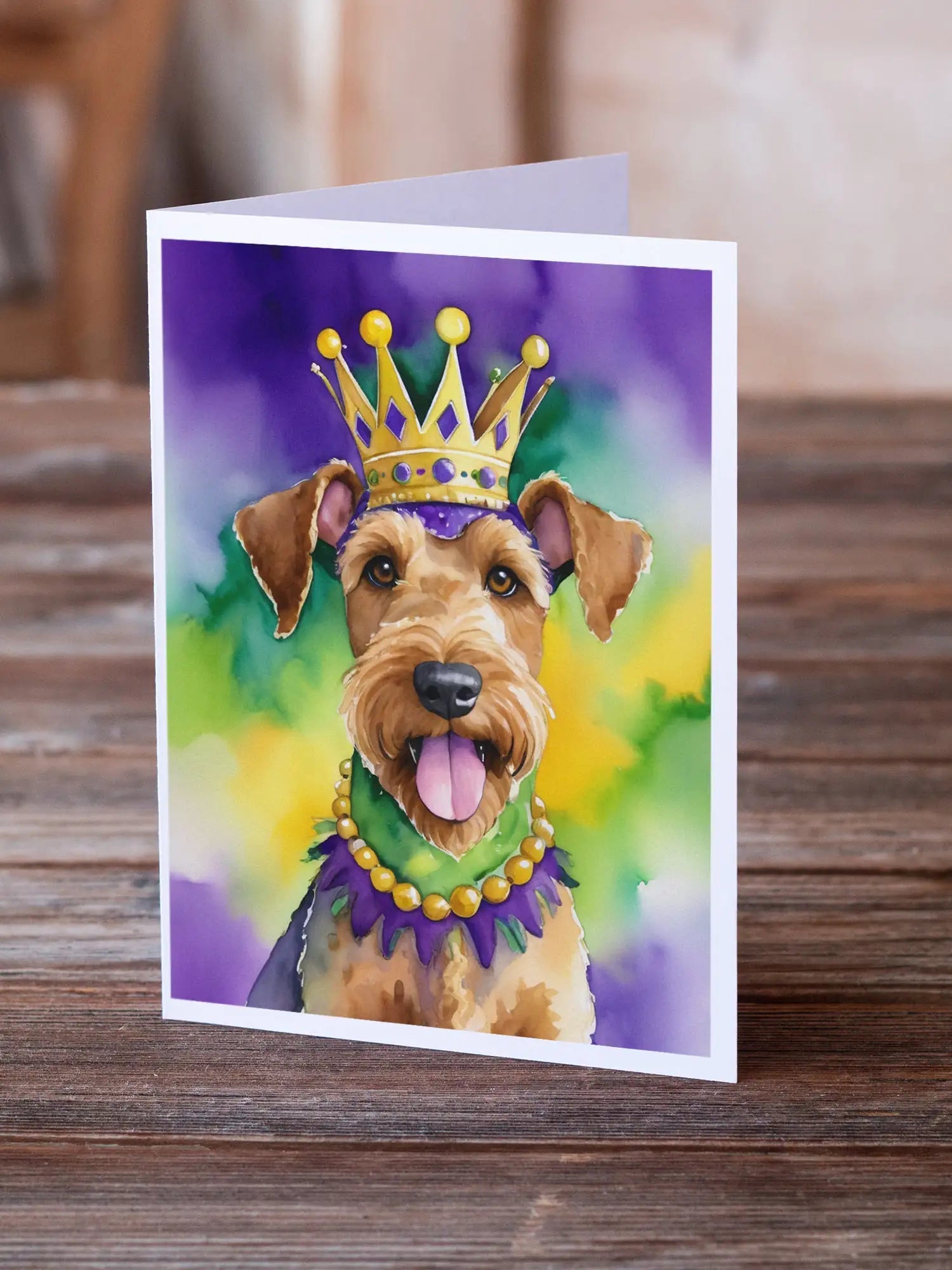 Airedale Terrier King of Mardi Gras Greeting Cards Pack of 8 WEM Support (www.WEM.support)