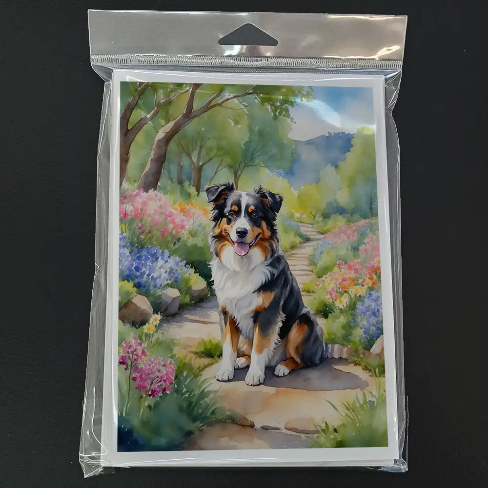 Australian Shepherd Spring Garden Greeting Cards Pack of 8 WEM Support (www.WEM.support)