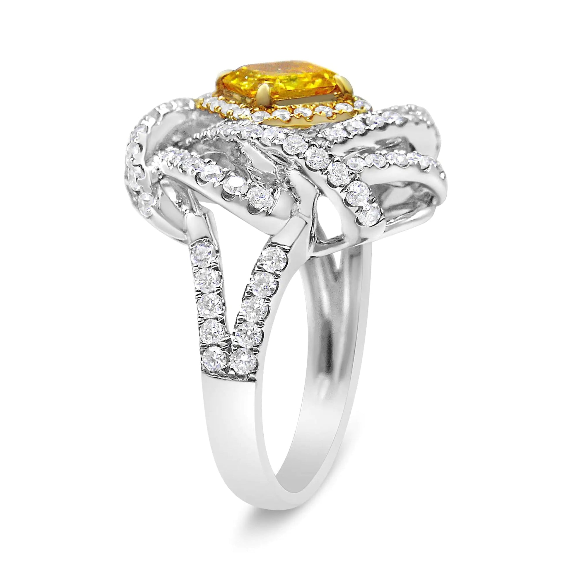 18K White and Yellow Gold 2 1/2 Cttw Yellow Asscher Lab Grown Center Diamond Cluster Swirl Ring (Yellow/G-H Color, VS1-VS2 Clarity) WEM Support (www.WEM.support)