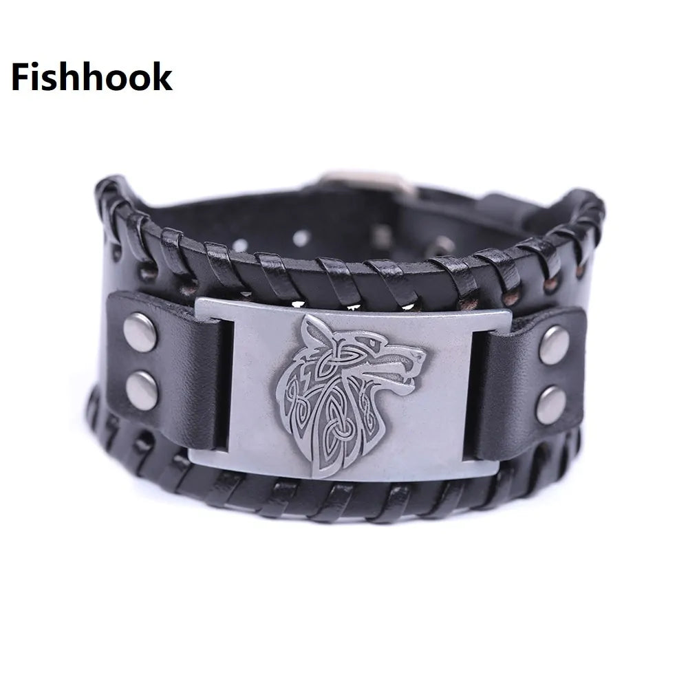 Vintage Wide Leather Woven Wolf Head Bracelet WEM Support (www.WEM.support)
