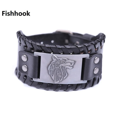 Vintage Wide Leather Woven Wolf Head Bracelet WEM Support (www.WEM.support)