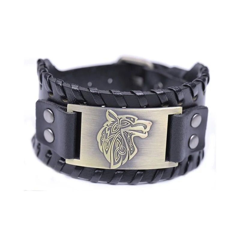 Vintage Wide Leather Woven Wolf Head Bracelet WEM Support (www.WEM.support)