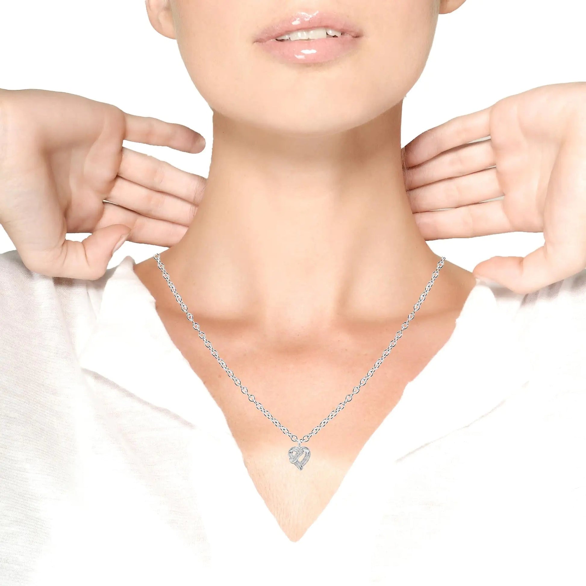 .925 Sterling Silver 1 1/4 Cttw Round Diamond Openwork Ribbon Weave Heart Pendant 18" Necklace (I-J Color, I3 Clarity) WEM Support (www.WEM.support)