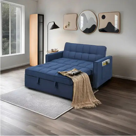 Stylish Blue Pull-Out Sofa Bed With Woven Polyester Fabric & Solid Wood Frame WEM Support (www.WEM.support)