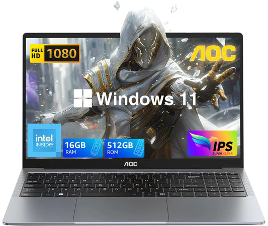 AOC Laptop Computer with N97 Processor(Up to 3.6GHz) 16GB RAM 512GB SSD Laptop 15.6 Inch FHD Screen Gaming Laptops Windows 11 Laptop Computer Light&Thin Metal Shell Webcam Type-C USB3.2 Grey