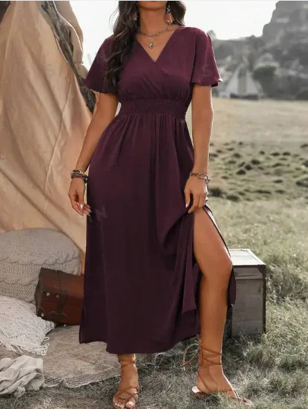 Solid Color And V-neck Bell Sleeve Elastic And Waisted Slimming Slit Long Dress WEM Support (www.WEM.support)