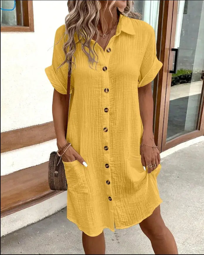 Summer Short Sleeve Shirt Dress Fashion Solid Color Single-breasted Mid-length Loose Dress WEM Support (www.WEM.support)
