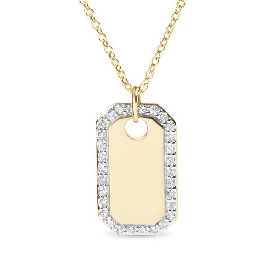 14K Yellow Gold 1/4 Cttw Diamond Halo  Octagonal Dog Tag Pendant 18" Necklace (I-J Color, I2-I3 Clarity) WEM Support (www.WEM.support)