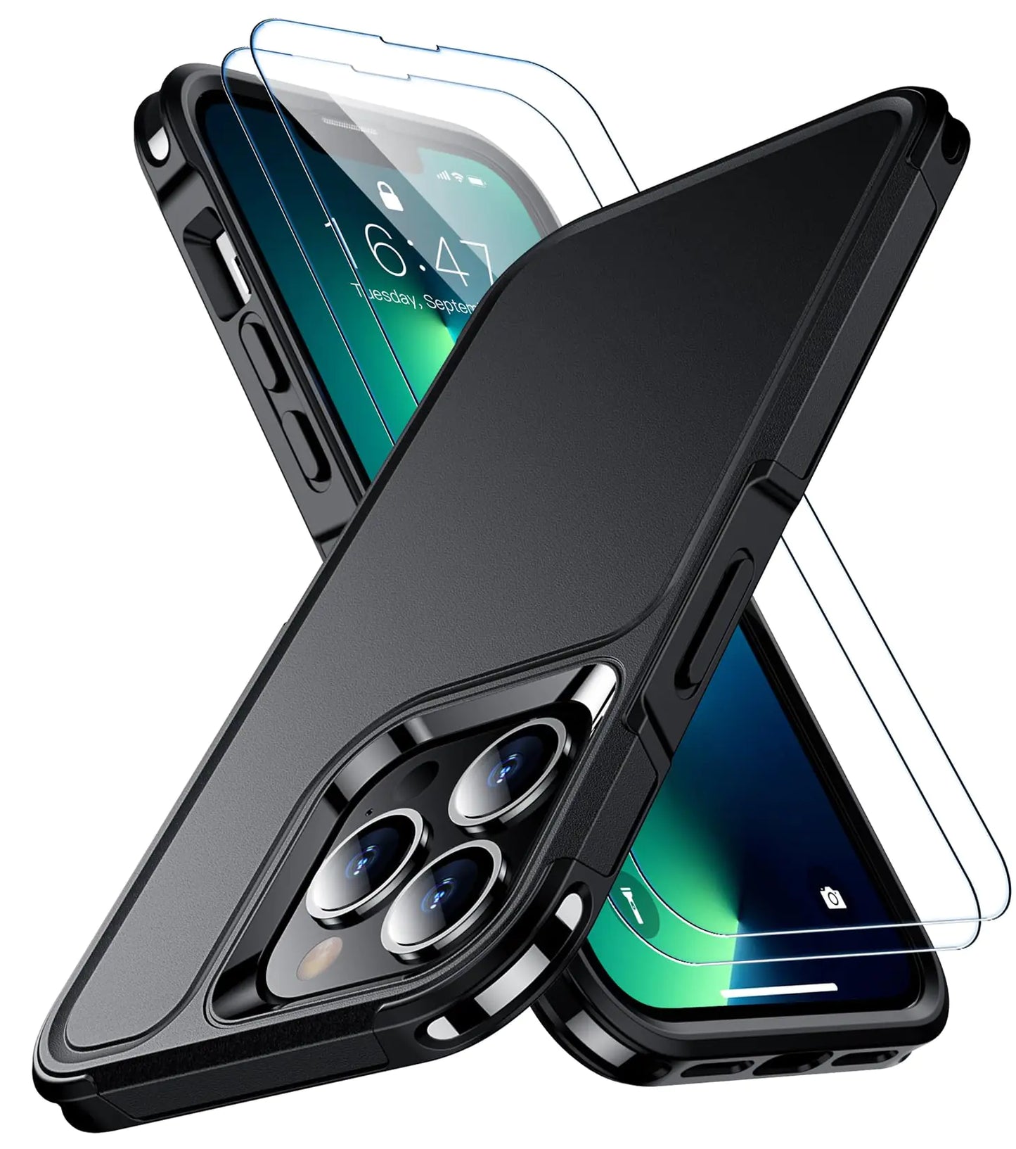 Designed for iPhone 13 Pro Case, [10 FT Military Grade Drop Protection] [with 2 pcs Tempered Glass Screen Protector] Cover for iPhone 13 Pro 6.1 inch (Black)