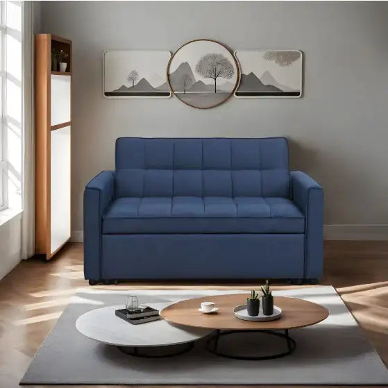 Stylish Blue Pull-Out Sofa Bed With Woven Polyester Fabric & Solid Wood Frame WEM Support (www.WEM.support)