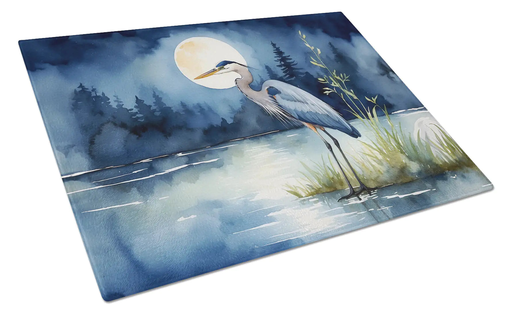 Blue Heron Under the Moonlight Glass Cutting Board WEM Support (www.WEM.support)