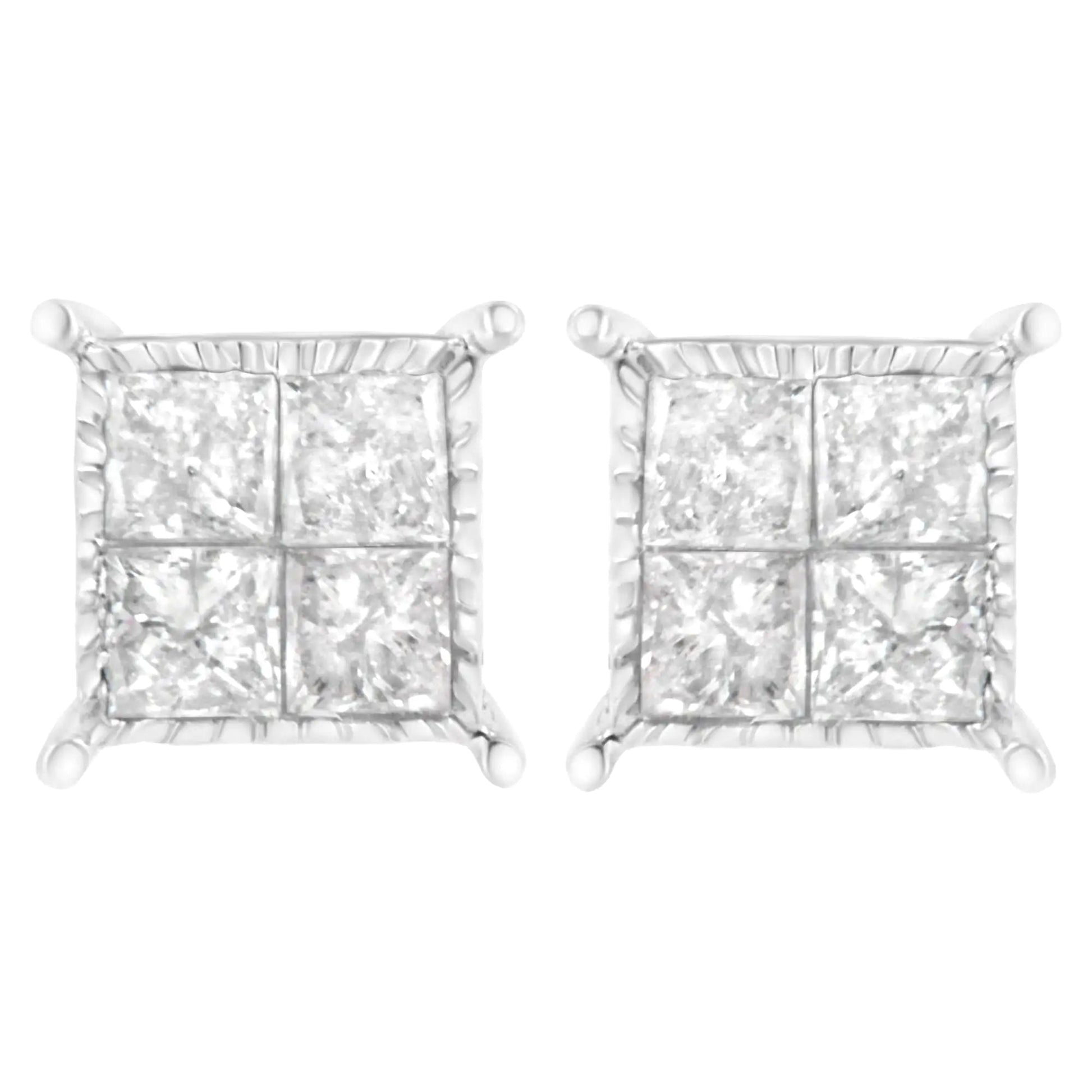 Boucles d'Oreilles Carrées en Or Blanc 10K avec Diamant de Coupe Princesse (3/4 cttw, Couleur I-J, Clarté I2-I3) WEM Support (www.WEM.support)