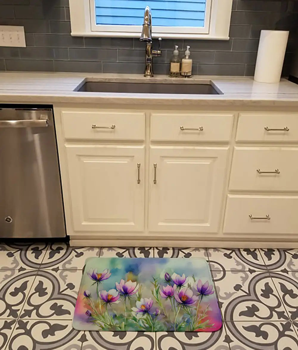 South Dakota Pasque Flowers in Watercolor Memory Foam Kitchen Mat WEM Support (www.WEM.support)
