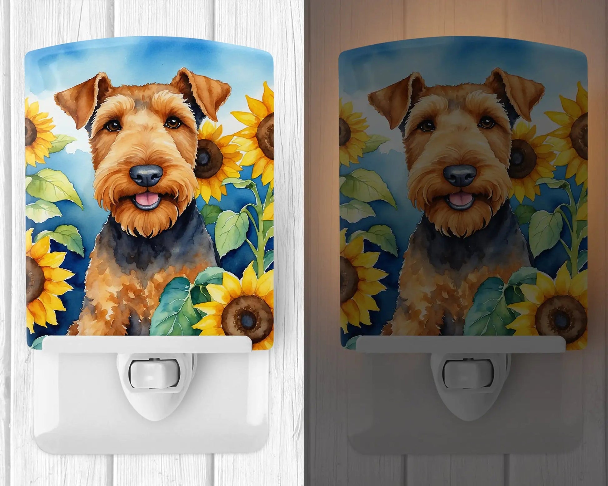 Airedale Terrier in Sunflowers Ceramic Night Light WEM Support (www.WEM.support)