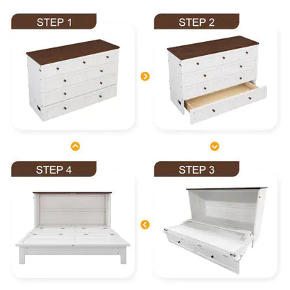 Solid Pine Murphy Bed Chest With Charging Station And Large Storage Drawer For Home Office Or Small Room , Full, White Walnut WEM Support (www.WEM.support)