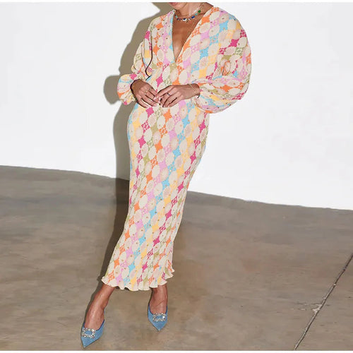 Retro Loose Painted Lantern Sleeve V-neck Printed Dress WEM Support (www.WEM.support)