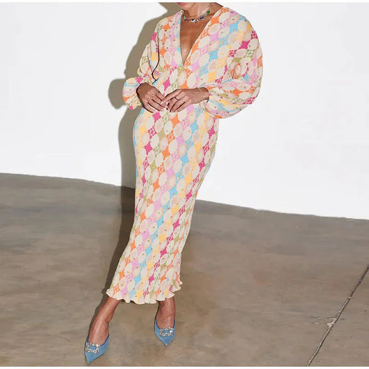 Retro Loose Painted Lantern Sleeve V-neck Printed Dress WEM Support (www.WEM.support)