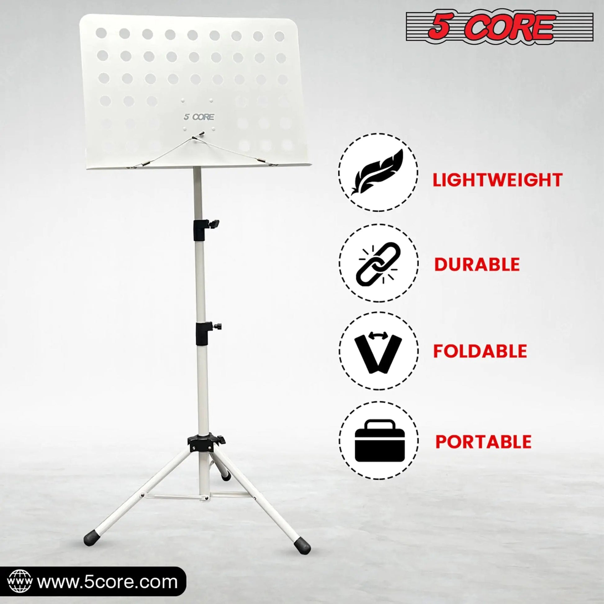 5Core Music Stand For Sheet Music Portable Tripod Adjustable Folding Note Holder WHITE WEM Support (www.WEM.support)