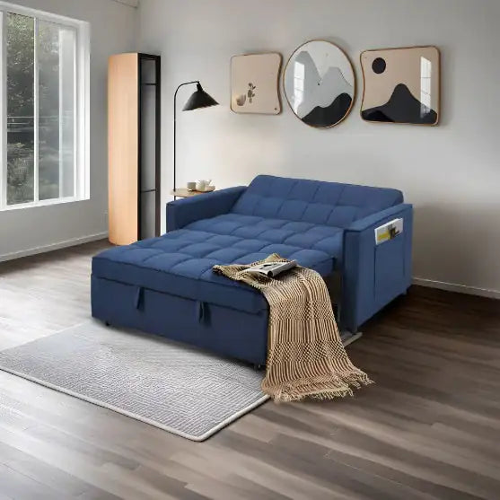 Stylish Blue Pull-Out Sofa Bed With Woven Polyester Fabric & Solid Wood Frame WEM Support (www.WEM.support)