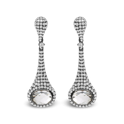 Black Rhodium Plated 18K White Gold 1 3/8 Cttw Round Pave Diamonds and 8x6mm Oval White Quartz Gemstone Sculptural Drop and Dangle Earrings (G-H Color, SI1-SI2 Clarity) WEM Support (www.WEM.support)