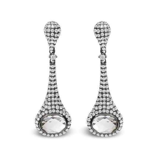 Black Rhodium Plated 18K White Gold 1 3/8 Cttw Round Pave Diamonds and 8x6mm Oval White Quartz Gemstone Sculptural Drop and Dangle Earrings (G-H Color, SI1-SI2 Clarity) WEM Support (www.WEM.support)