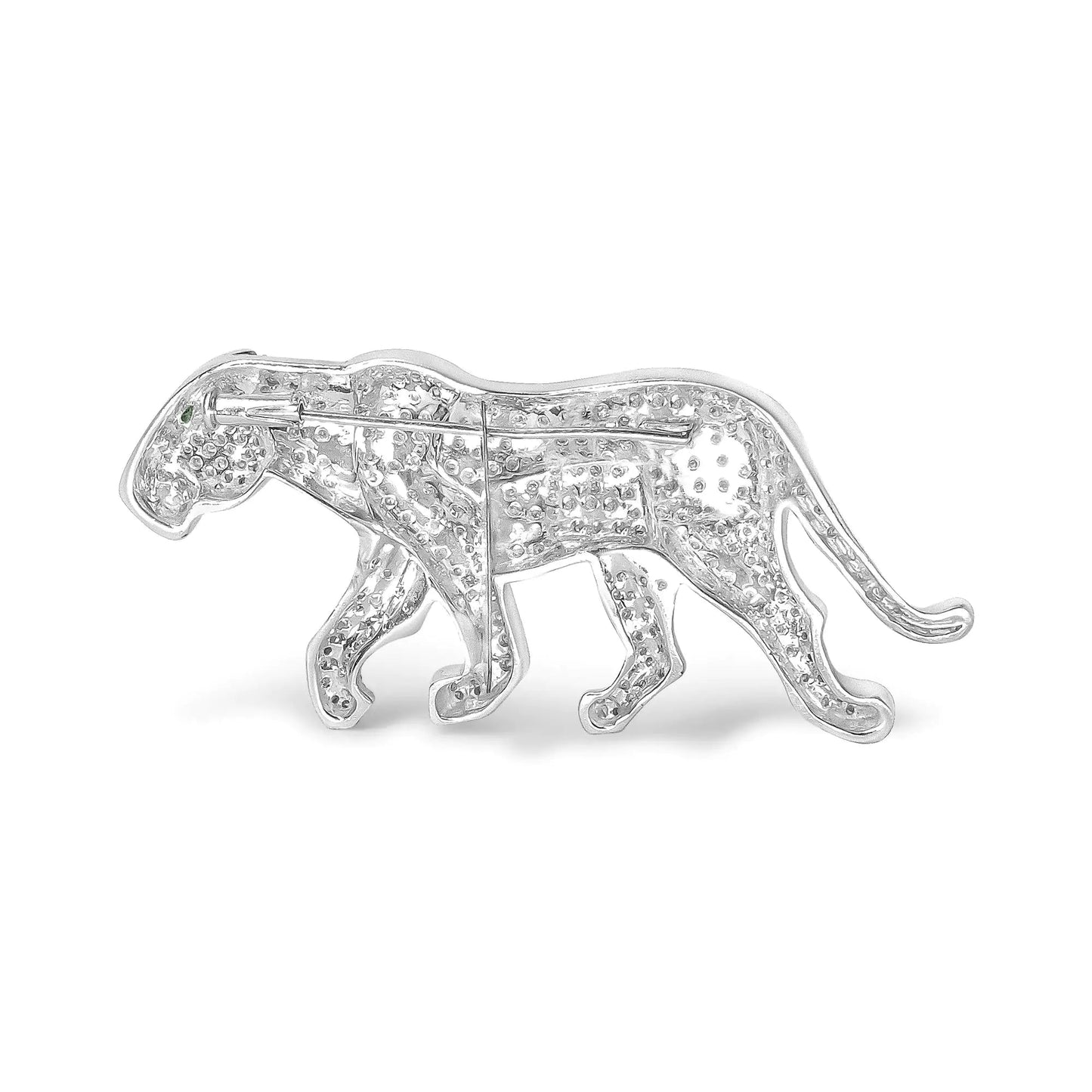 18K White Gold 2mm Green Round Emerald and 2 1/2 Cttw Diamond Panther Brooch Pin (H-I Color, SI1-SI2 Clarity) WEM Support (www.WEM.support)