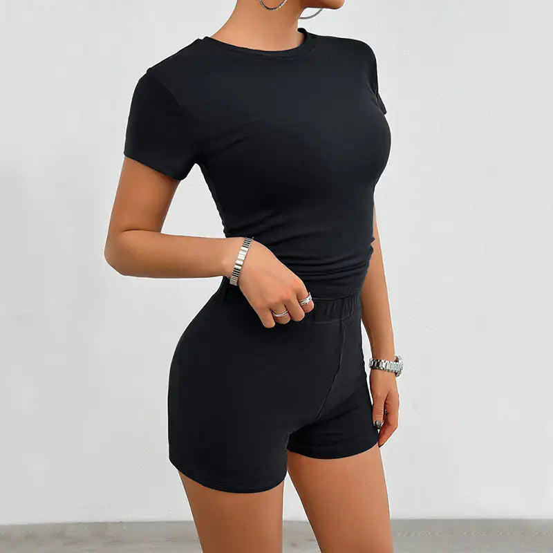 Solid Color Slim Sports Suit Summer 2Pcs Short-sleeved Round Neck T-shirt And Elastic Shorts Fashion Womens Clothing WEM Support (www.WEM.support)