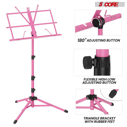Suporte de Música 5Core para Partituras, Portátil, Tripé Ajustável, Dobrável, com Porta-Partituras e Luz, Rosa WEM Support (www.WEM.support)