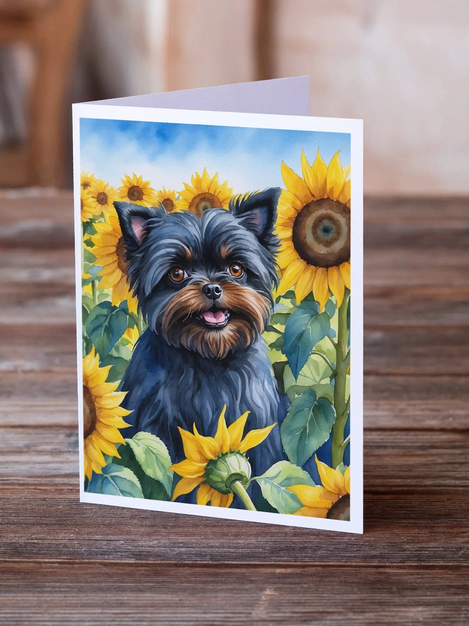 Affenpinscher in Sunflowers Greeting Cards Pack of 8 WEM Support (www.WEM.support)
