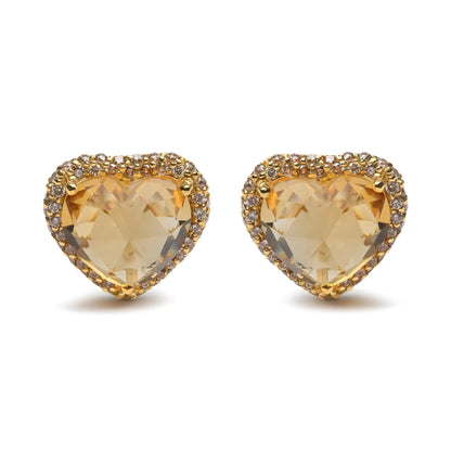 18K Yellow Gold 2/3 Cttw Brown Diamonds and 11x11mm Heart-Cut Yellow Citrine Gemstone Halo Heart Stud Earrings (Brown Color, SI1-SI2 Clarity) WEM Support (www.WEM.support)