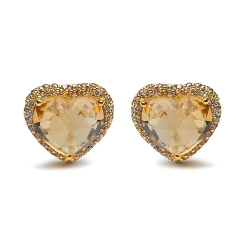 18K Yellow Gold 2/3 Cttw Brown Diamonds and 11x11mm Heart-Cut Yellow Citrine Gemstone Halo Heart Stud Earrings (Brown Color, SI1-SI2 Clarity) WEM Support (www.WEM.support)