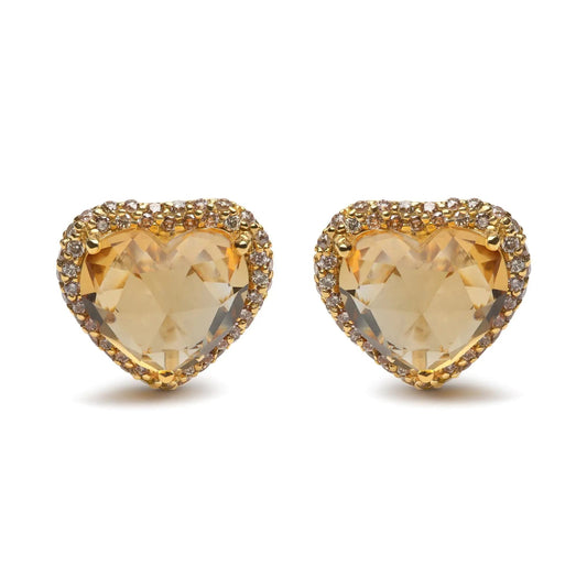18K Yellow Gold 2/3 Cttw Brown Diamonds and 11x11mm Heart-Cut Yellow Citrine Gemstone Halo Heart Stud Earrings (Brown Color, SI1-SI2 Clarity) WEM Support (www.WEM.support)