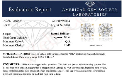 AGS Certified 0.40 Cttw Round Brilliant-Cut Diamond 14K Yellow Gold Classic 4-Prong Solitaire Stud Earrings (L-M Color, I1-I2 Clarity) WEM Support (www.WEM.support)