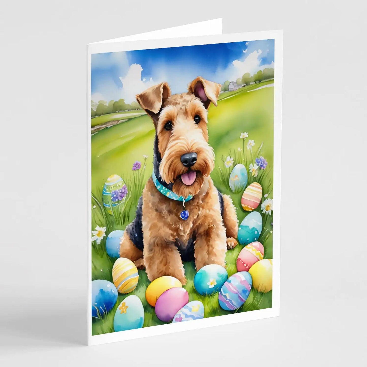 Airedale Terrier Easter Egg Hunt Greeting Cards Pack of 8 WEM Support (www.WEM.support)