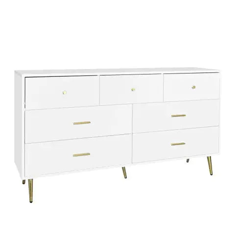 Seven Drawers Large Chest Of Drawer Cabinet With Golden Handle And Golden Legs White Color WEM Support (www.WEM.support)