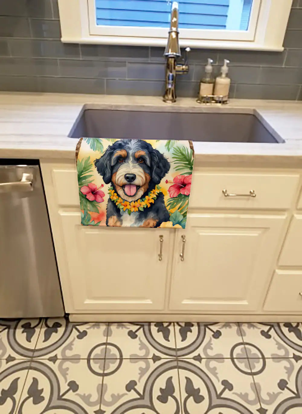 Bernedoodle Luau Kitchen Towel WEM Support (www.WEM.support)