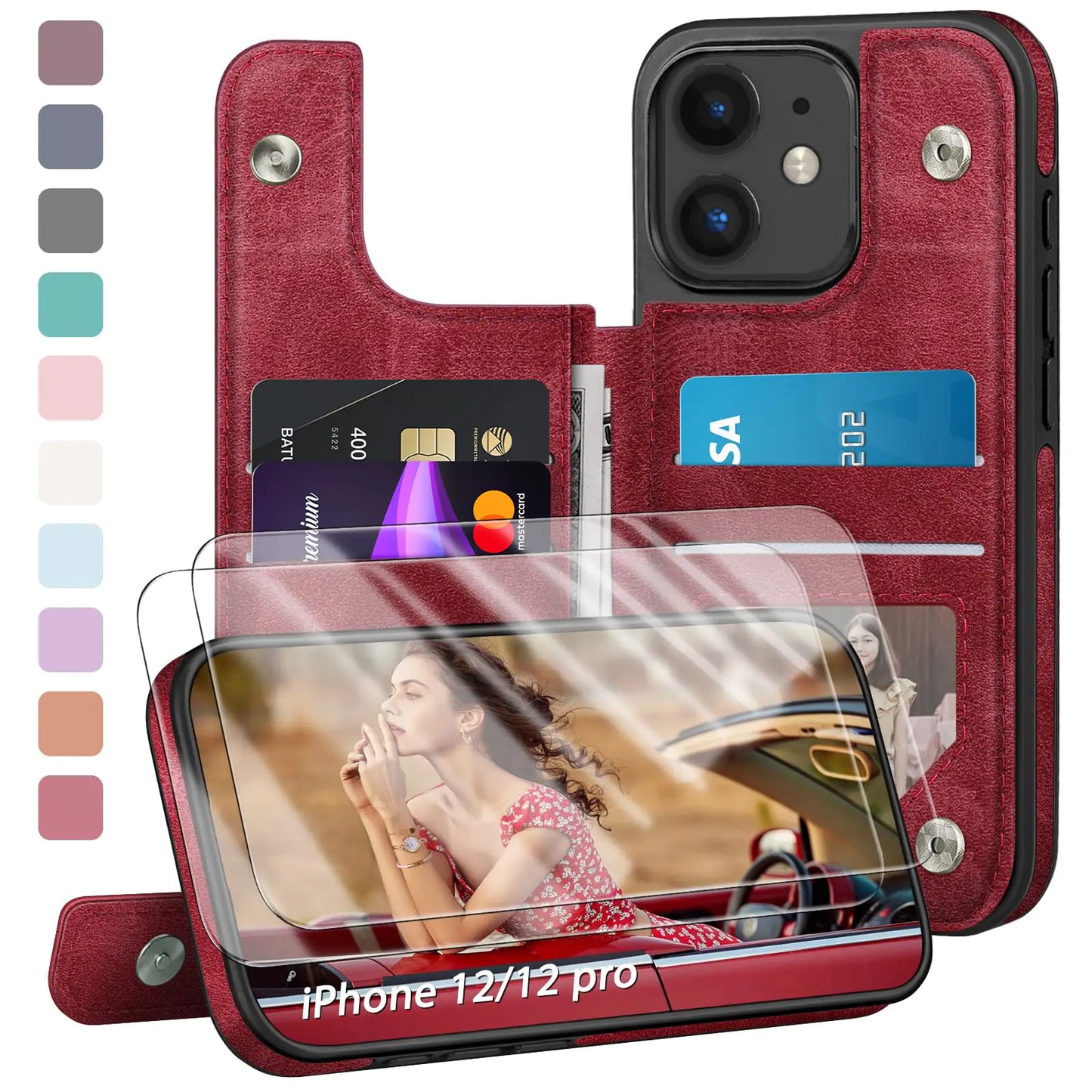 Designed for iPhone 12/12 Pro Case Wallet, Card Holder Case with [2 Screen Protectors][Magnetic Clasp Folio Cover][RFID Blocking Leather] Shockproof Women Men Cases 6.1" for Apple 12 Light Brown