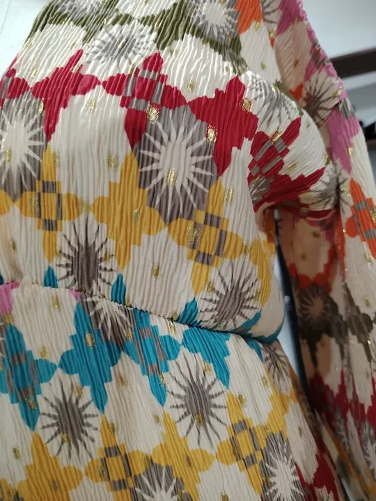 Retro Loose Painted Lantern Sleeve V-neck Printed Dress WEM Support (www.WEM.support)