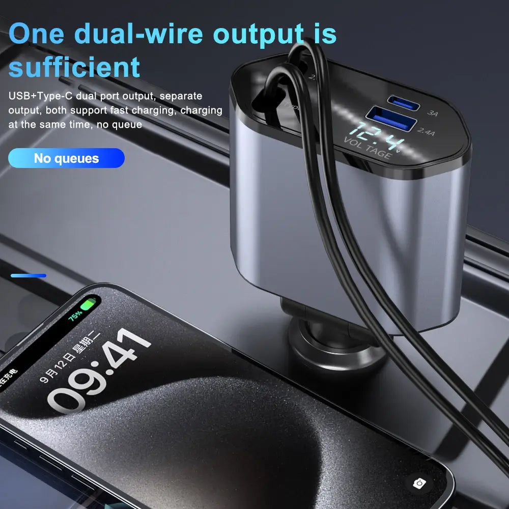 Retractable Car Charger Wired WEM Support (www.WEM.support)