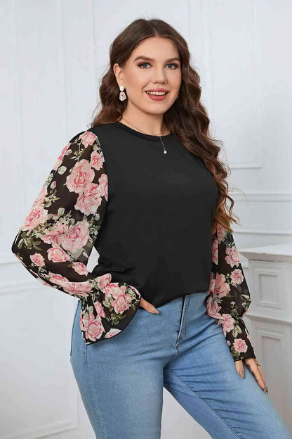 Plus Size Floral Flounce Sleeve Blouse- WEM Support (www.WEM.support)