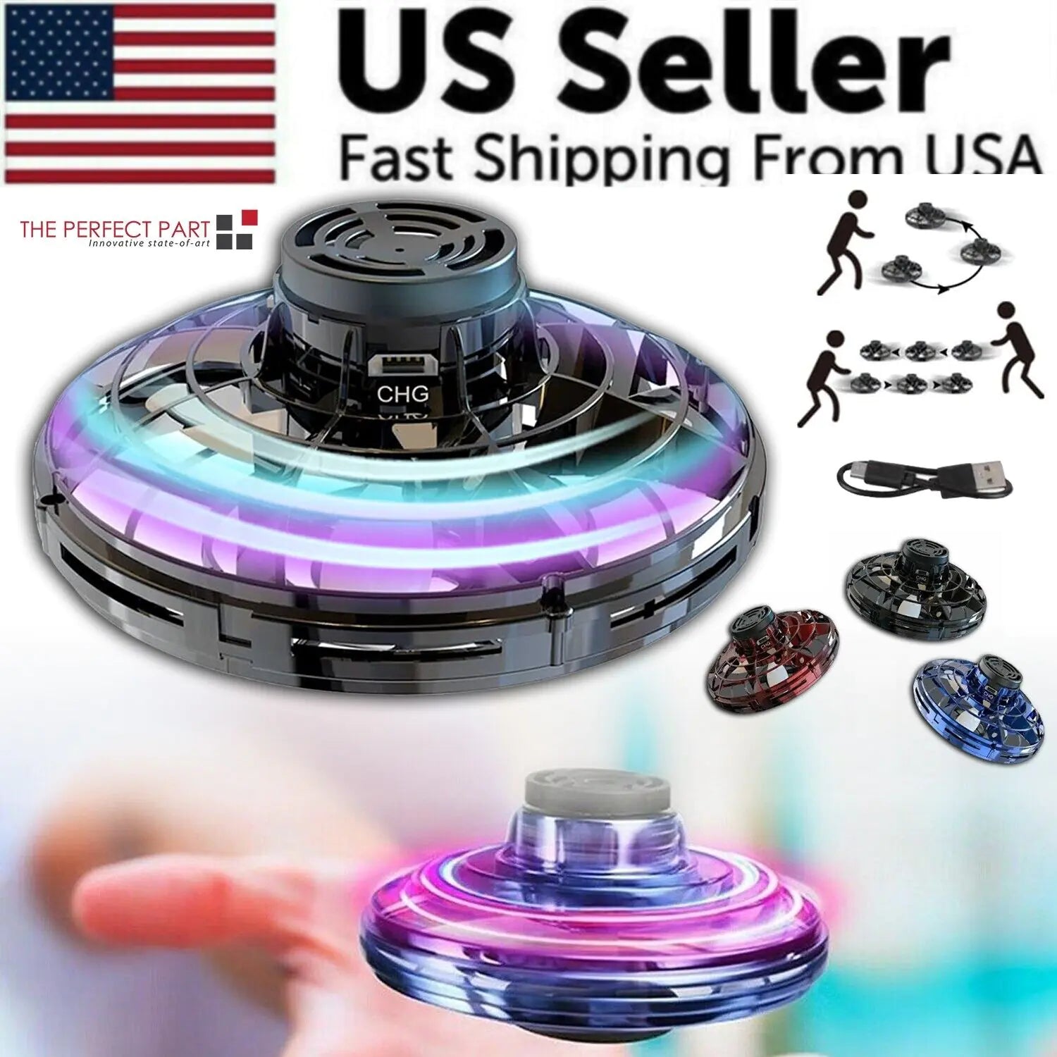 Flying Fidget Spinner Drone Ball UFO Stress Focus Hand Fun Toy LED Kids & Adults WEM Support (www.WEM.support)