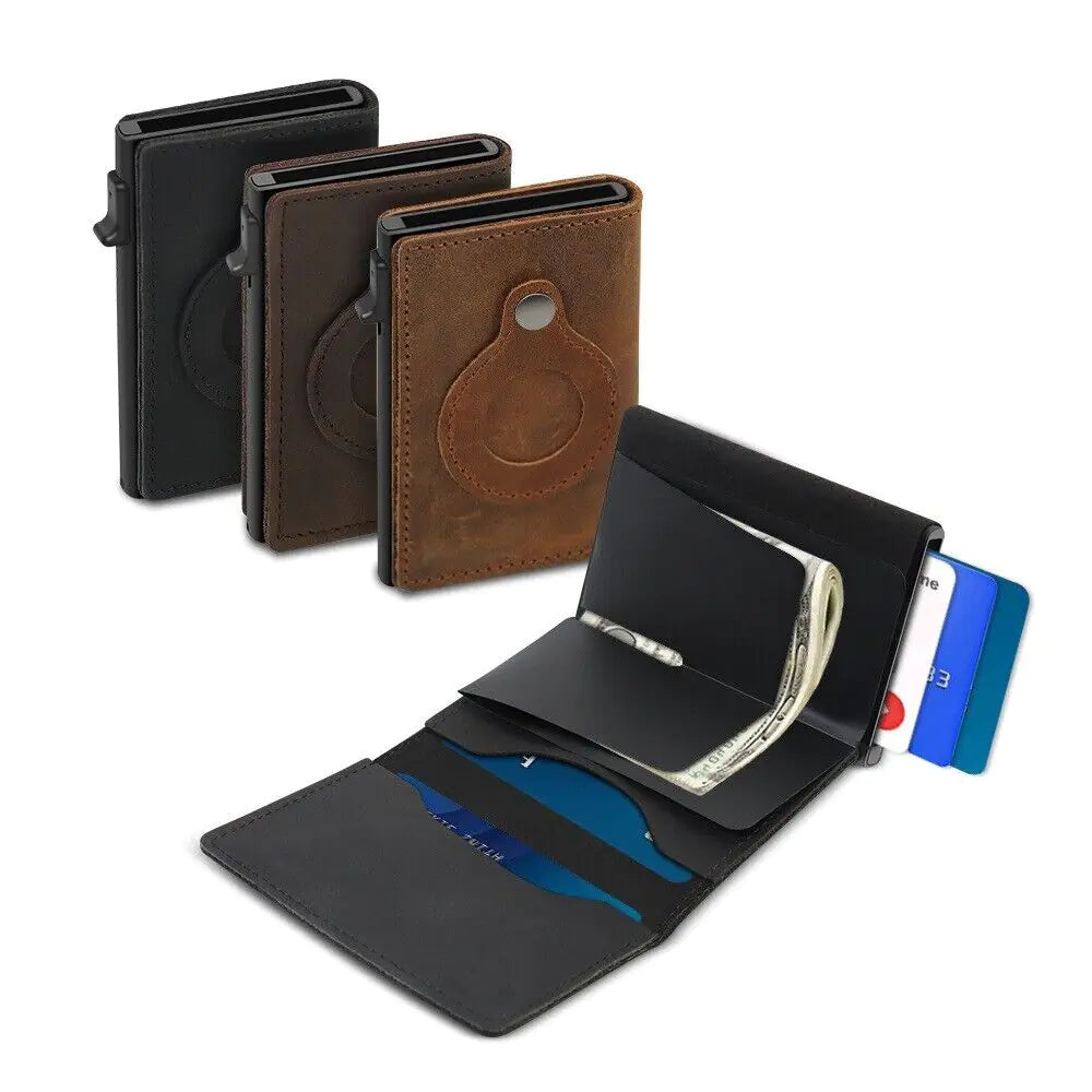 For Airtag Wallet Case Genuine Leather Credit Card Holder Magnetic Air Tag Cover WEM Support (www.WEM.support)
